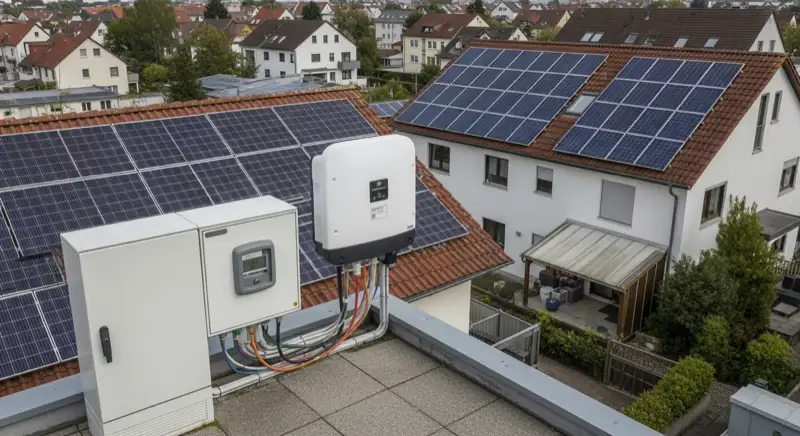 Modern German electrical meter cabinet (Zählerschrank) with smart meter and solar inverter connection, clean technical installation