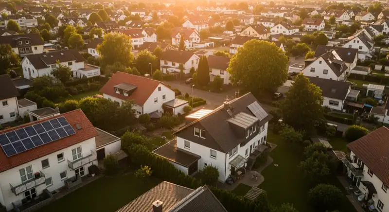 Aerial drone view of typical German residential neighborhood with mixed roof types, red and dark roof tiles, gardens visible, sunny day