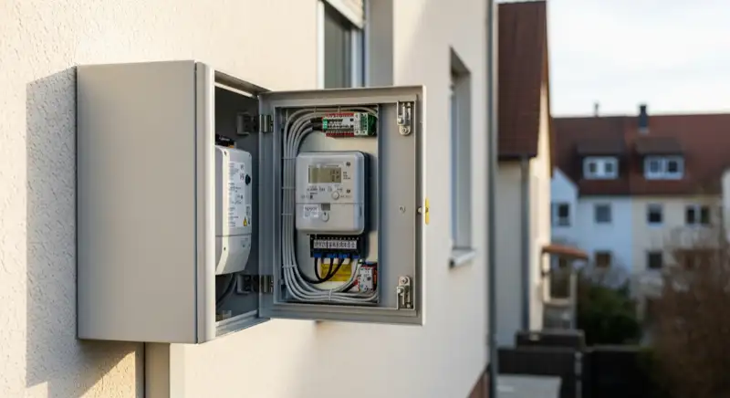 Modern German electrical meter cabinet (Zählerschrank) with smart meter and solar inverter connection, clean technical installation