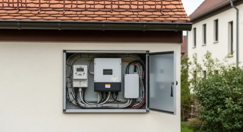 Modern German electrical meter cabinet (Zählerschrank) with smart meter and solar inverter connection, clean technical installation