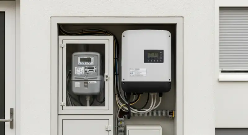 Modern German electrical meter cabinet (Zählerschrank) with smart meter and solar inverter connection, clean technical installation