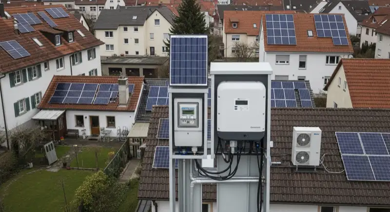 Modern German electrical meter cabinet (Zählerschrank) with smart meter and solar inverter connection, clean technical installation
