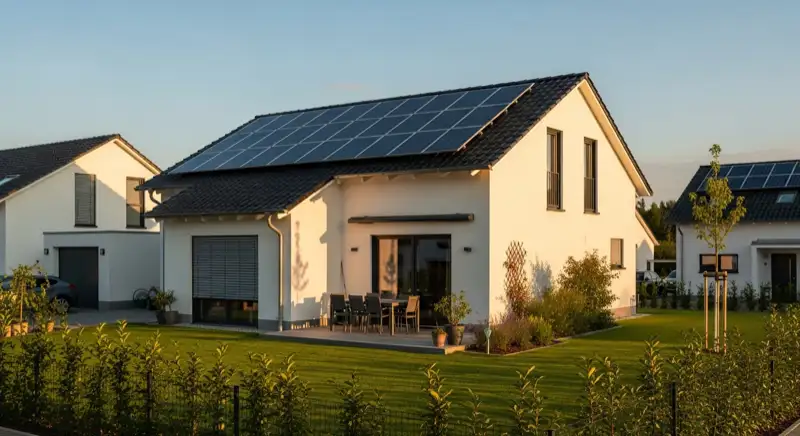 Moderne Solaranlage auf Einfamilienhaus in Erlanger Neubaugebiet mit gepflegtem Garten