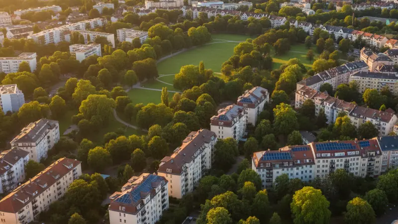 Luftaufnahme von Essen mit Solaranlagen auf Dächern, grüne Stadt im Ruhrgebiet
