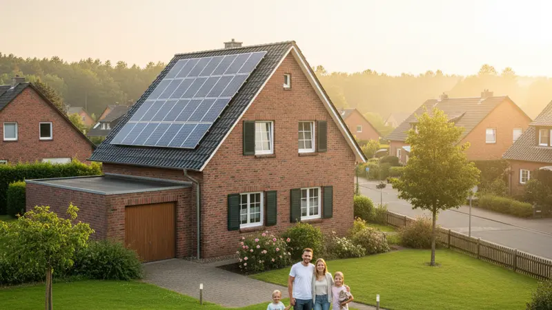 Familie vor ihrem Einfamilienhaus mit Solaranlage in Essen