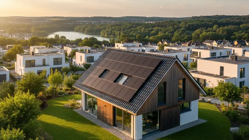 Einfamilienhaus mit Solaranlage in Essen, grüne Ruhrgebietsstadt mit Baldeneysee im Hintergrund