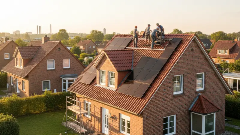 Solarinstallateur bei der Montage auf einem Essener Einfamilienhaus-Dach