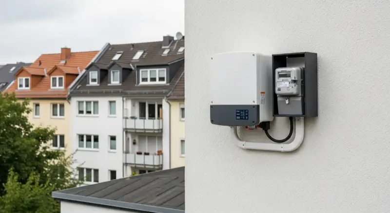 Modern German electrical meter cabinet (Zählerschrank) with smart meter and solar inverter connection, clean technical installation