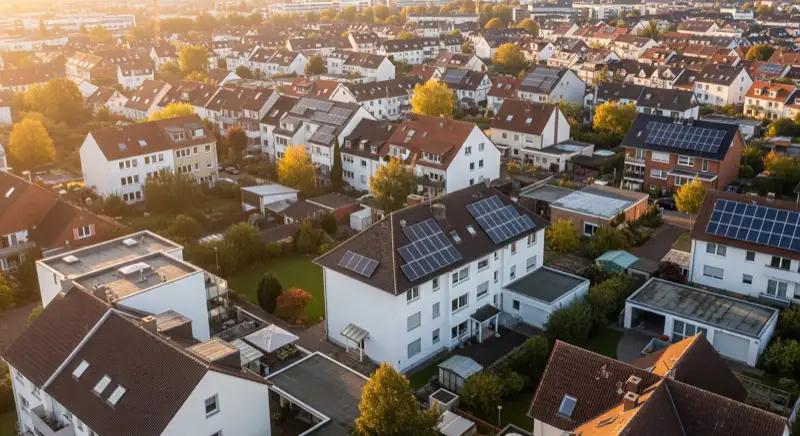 Aerial drone view of typical German residential neighborhood with mixed roof types, red and dark roof tiles, gardens visible, sunny day
