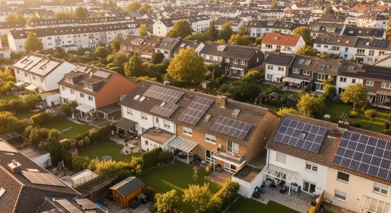 Aerial drone view of typical German residential neighborhood with mixed roof types, red and dark roof tiles, gardens visible, sunny day