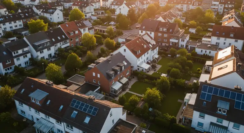 Aerial drone view of typical German residential neighborhood with mixed roof types, red and dark roof tiles, gardens visible, sunny day