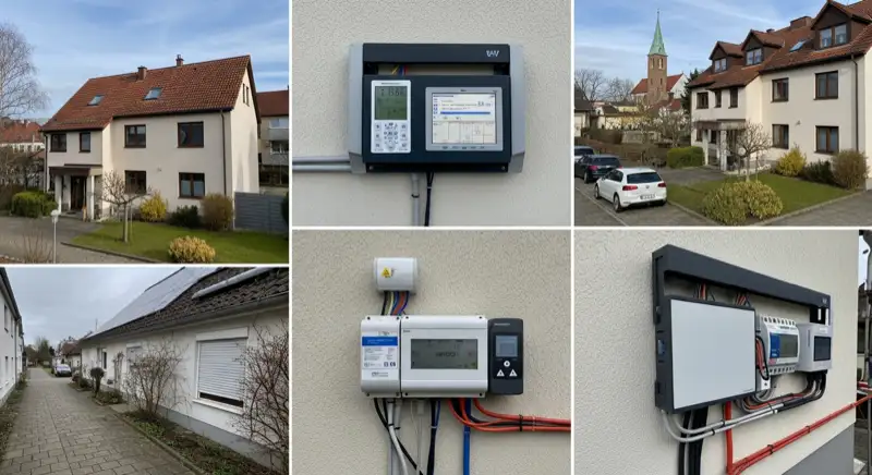 Modern German electrical meter cabinet (Zählerschrank) with smart meter and solar inverter connection, clean technical installation