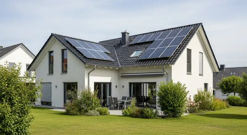 Modern German electrical meter cabinet (Zählerschrank) with smart meter and solar inverter connection, clean technical installation