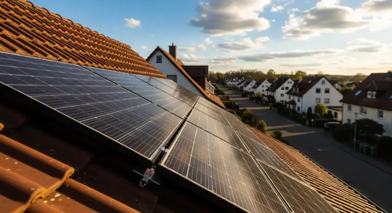 Close-up of photovoltaic solar panels installed on a traditional German Satteldach (gabled roof), blue sky with some clouds