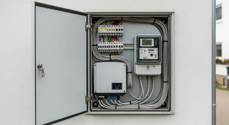Modern German electrical meter cabinet (Zählerschrank) with smart meter and solar inverter connection, clean technical installation