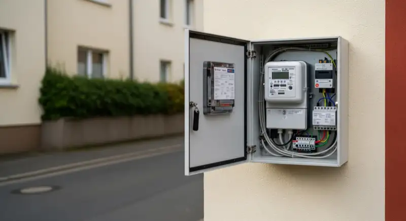 Modern German electrical meter cabinet (Zählerschrank) with smart meter and solar inverter connection, clean technical installation