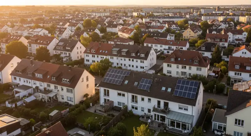 Aerial drone view of typical German residential neighborhood with mixed roof types, red and dark roof tiles, gardens visible, sunny day