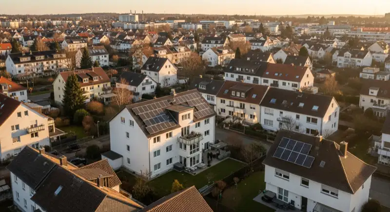 Aerial drone view of typical German residential neighborhood with mixed roof types, red and dark roof tiles, gardens visible, sunny day