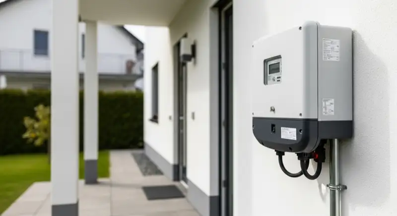 Modern German electrical meter cabinet (Zählerschrank) with smart meter and solar inverter connection, clean technical installation