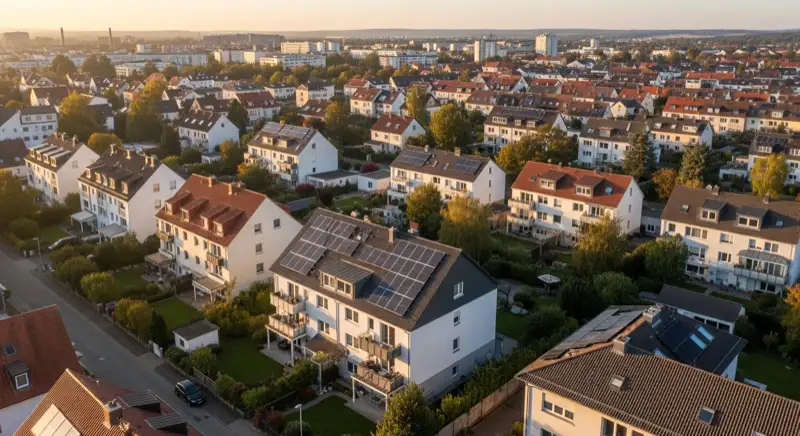 Aerial drone view of typical German residential neighborhood with mixed roof types, red and dark roof tiles, gardens visible, sunny day
