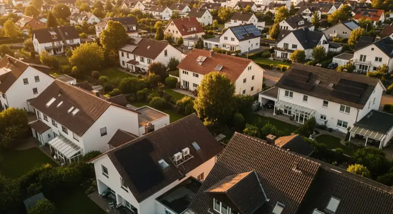 Aerial drone view of typical German residential neighborhood with mixed roof types, red and dark roof tiles, gardens visible, sunny day