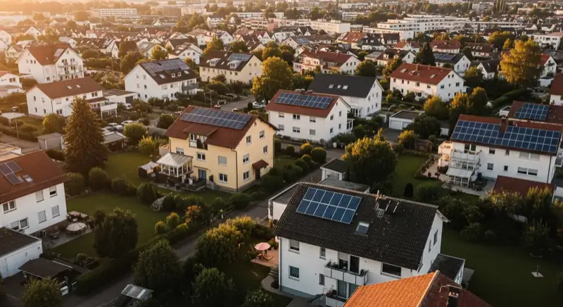 Aerial drone view of typical German residential neighborhood with mixed roof types, red and dark roof tiles, gardens visible, sunny day