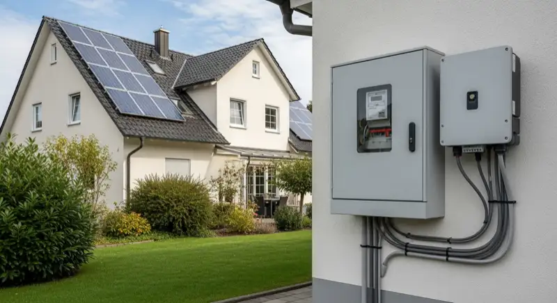 Modern German electrical meter cabinet (Zählerschrank) with smart meter and solar inverter connection, clean technical installation