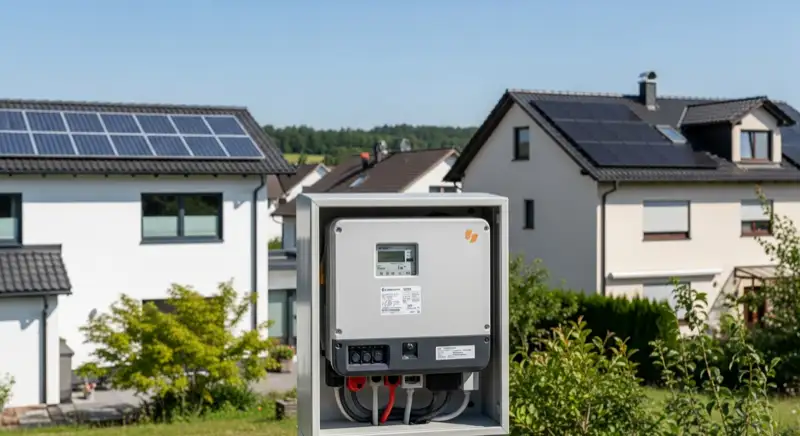 Modern German electrical meter cabinet (Zählerschrank) with smart meter and solar inverter connection, clean technical installation