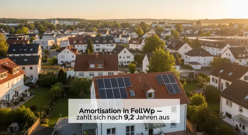 Aerial drone view of typical German residential neighborhood with mixed roof types, red and dark roof tiles, gardens visible, sunny day