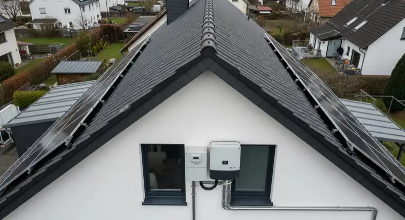 Modern German electrical meter cabinet (Zählerschrank) with smart meter and solar inverter connection, clean technical installation
