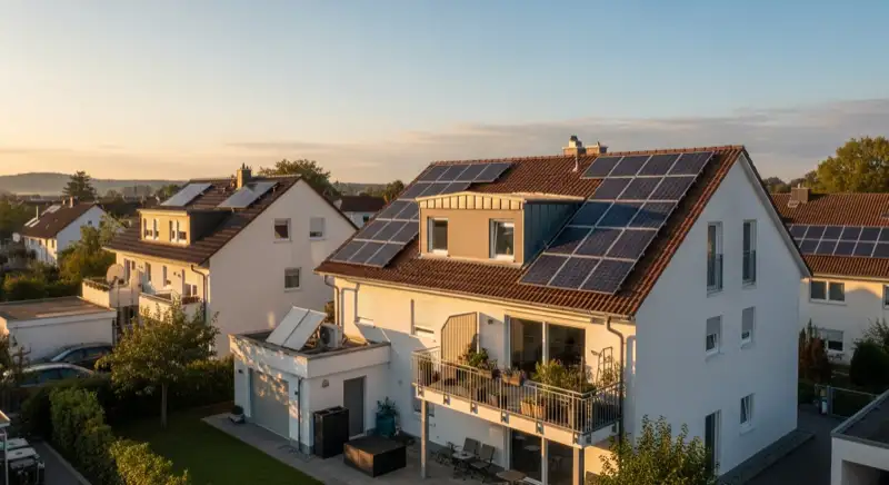 Moderne Wärmepumpe Außeneinheit vor Einfamilienhaus mit Solaranlage in Filderstadt