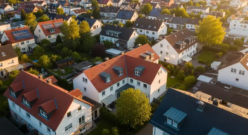 Aerial drone view of typical German residential neighborhood with mixed roof types, red and dark roof tiles, gardens visible, sunny day