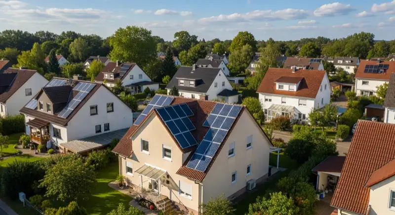 Einfamilienhäuser in Filderstadt mit Solaranlage auf dem Dach bei Sonnenschein