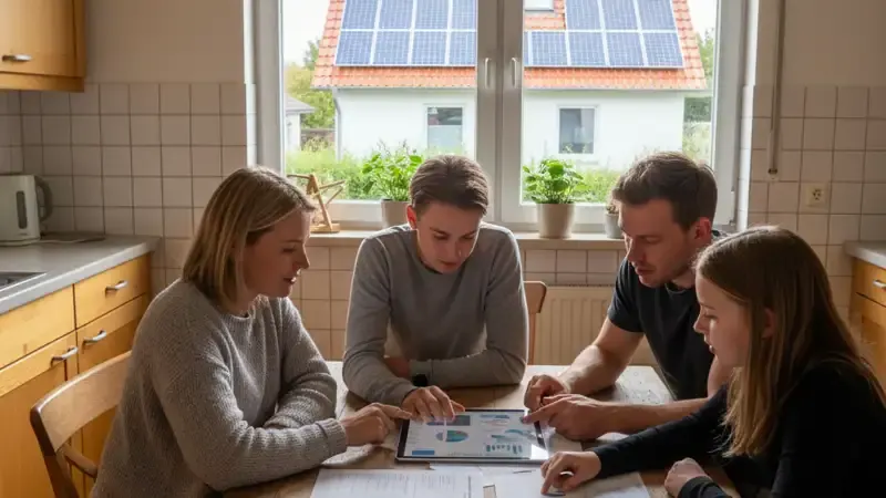 Einfamilienhaus mit Solaranlage in Flensburg, norddeutsche Backstein-Architektur, Förde im Hintergrund
