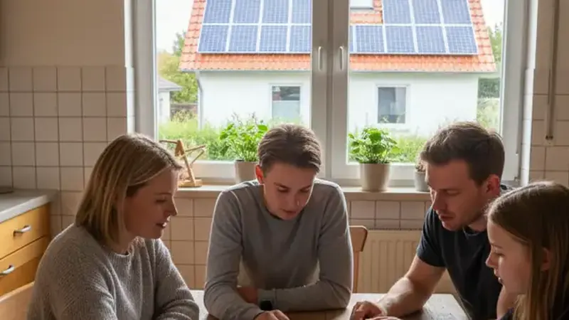 Familie vor Flensburger Eigenheim mit Solaranlage auf dem Dach