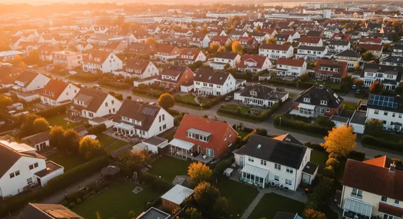Aerial drone view of typical German residential neighborhood with mixed roof types, red and dark roof tiles, gardens visible, sunny day