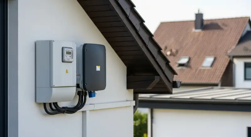 Modern German electrical meter cabinet (Zählerschrank) with smart meter and solar inverter connection, clean technical installation