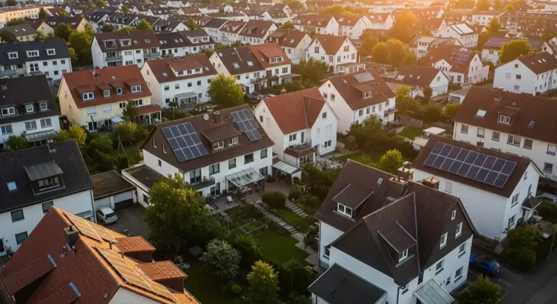 Aerial drone view of typical German residential neighborhood with mixed roof types, red and dark roof tiles, gardens visible, sunny day
