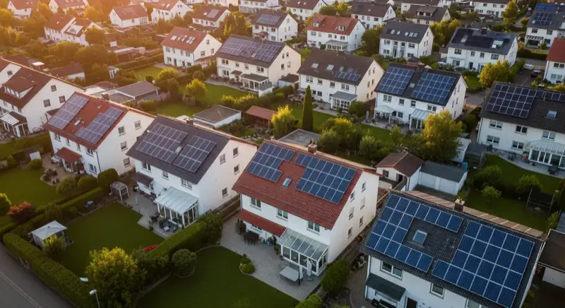 Aerial drone view of typical German residential neighborhood with mixed roof types, red and dark roof tiles, gardens visible, sunny day