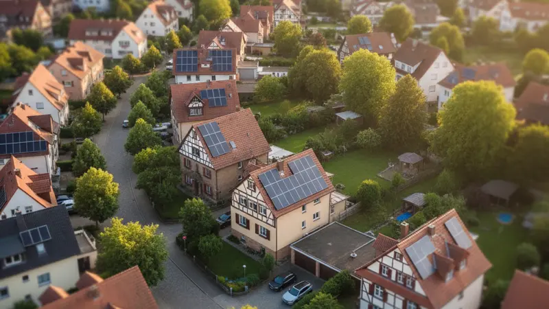 Frankfurter Wohnviertel mit mehreren Solardächern aus der Vogelperspektive