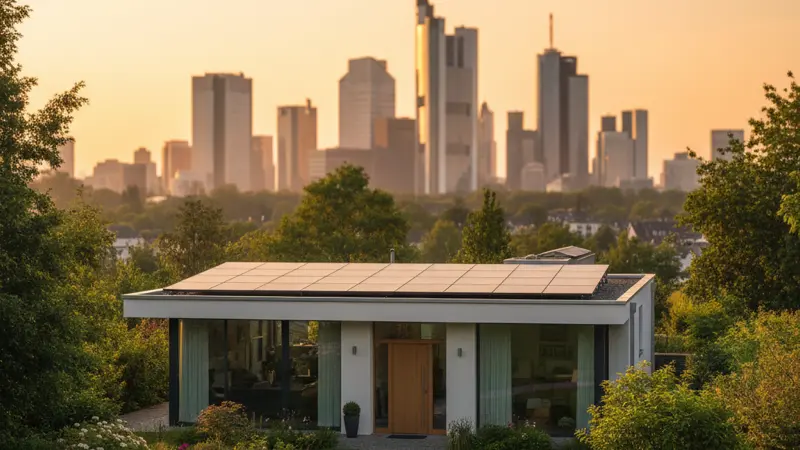 Einfamilienhaus mit Solaranlage in Frankfurt am Main, Skyline mit Hochhäusern im Hintergrund