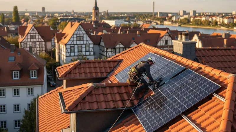 Solarinstallateur bei der Montage auf einem Frankfurter Dach