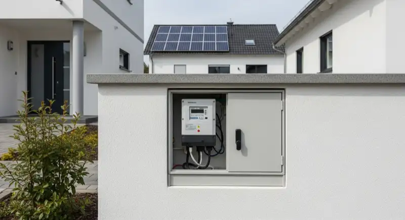 Modern German electrical meter cabinet (Zählerschrank) with smart meter and solar inverter connection, clean technical installation