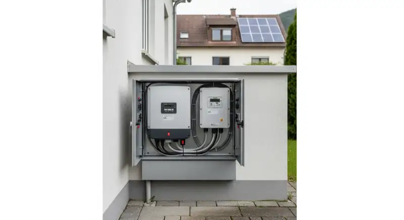 Modern German electrical meter cabinet (Zählerschrank) with smart meter and solar inverter connection, clean technical installation