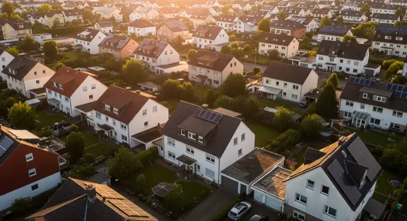 Aerial drone view of typical German residential neighborhood with mixed roof types, red and dark roof tiles, gardens visible, sunny day