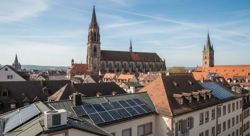 Freiburger Altstadt mit Münster und historischen Dächern mit dezent integrierten Solarmodulen