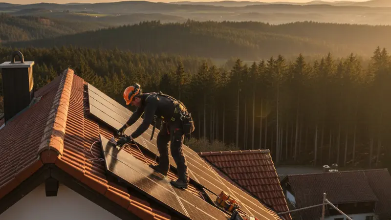 Solarinstallateur bei der Montage auf einem Freiburger Dach mit Schwarzwald-Panorama