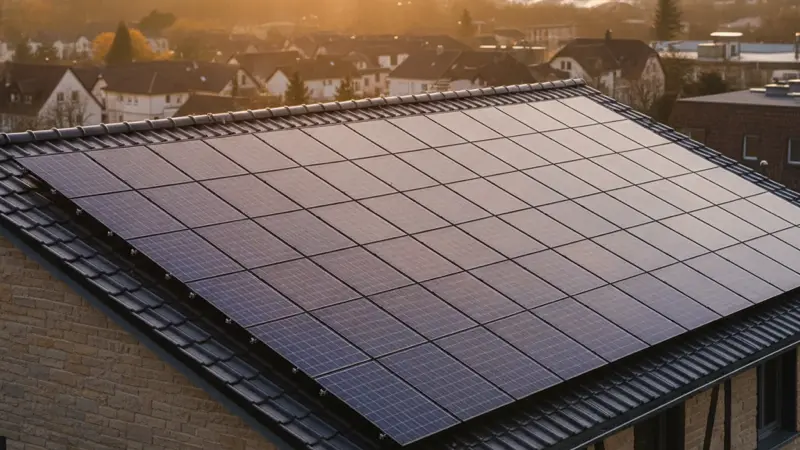 Solarmodule auf einem Freiburger Dach, Nahaufnahme der Module