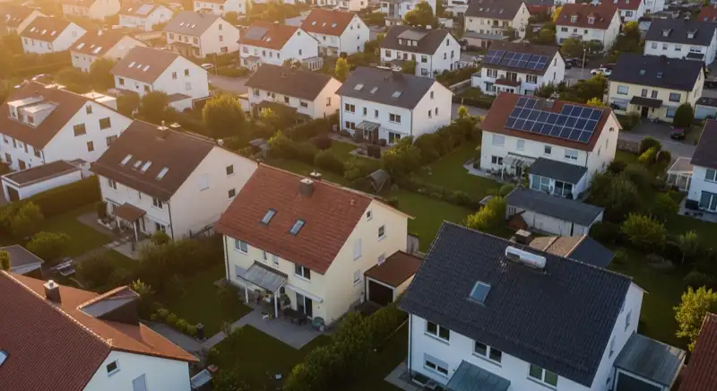 Aerial drone view of typical German residential neighborhood with mixed roof types, red and dark roof tiles, gardens visible, sunny day