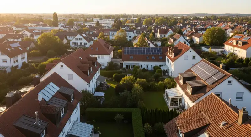 Aerial drone view of typical German residential neighborhood with mixed roof types, red and dark roof tiles, gardens visible, sunny day